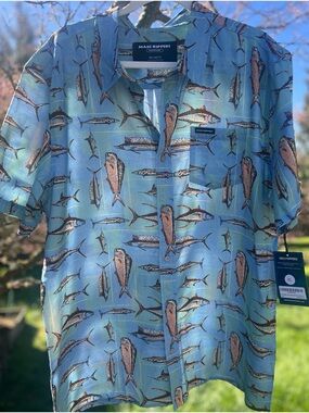 👉 Maui Rippers Aloha Shirt XL Blue Fish Print Hawaiian Button Up Gamefish NWT